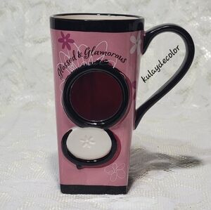 Hallmark "Glossed & Glamorous" Makeup Compact Mug with Real Mirror Pink & Black